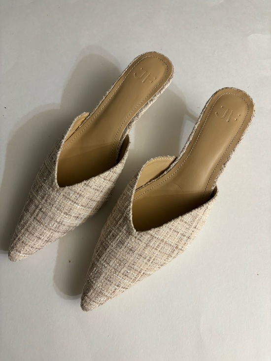 JF Shoes - J F Neutral Tweed Pointed-Toe Mule in Beige & Cream with Silver Sparkles Size 7